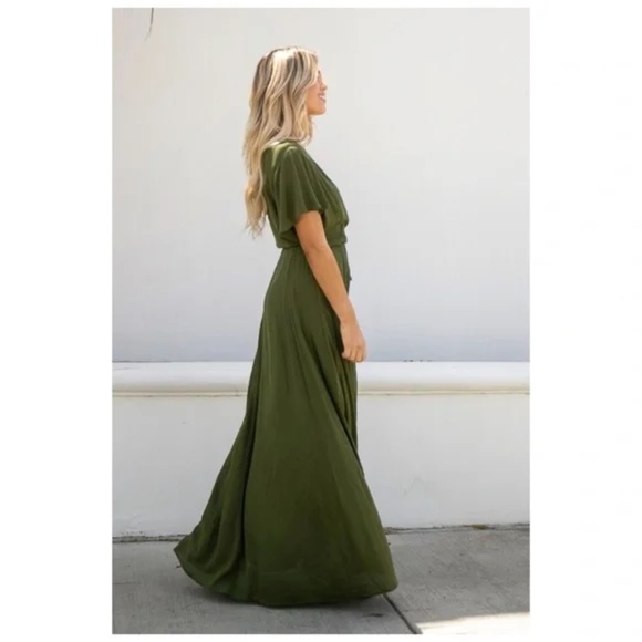 Olive Green Short Flutter Sleeve Wrap Spring Maxi Dress - Picture 6 of 6
